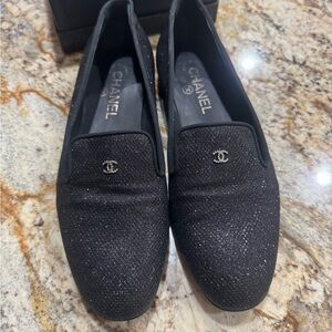 CHANEL Black Glitter Loafers